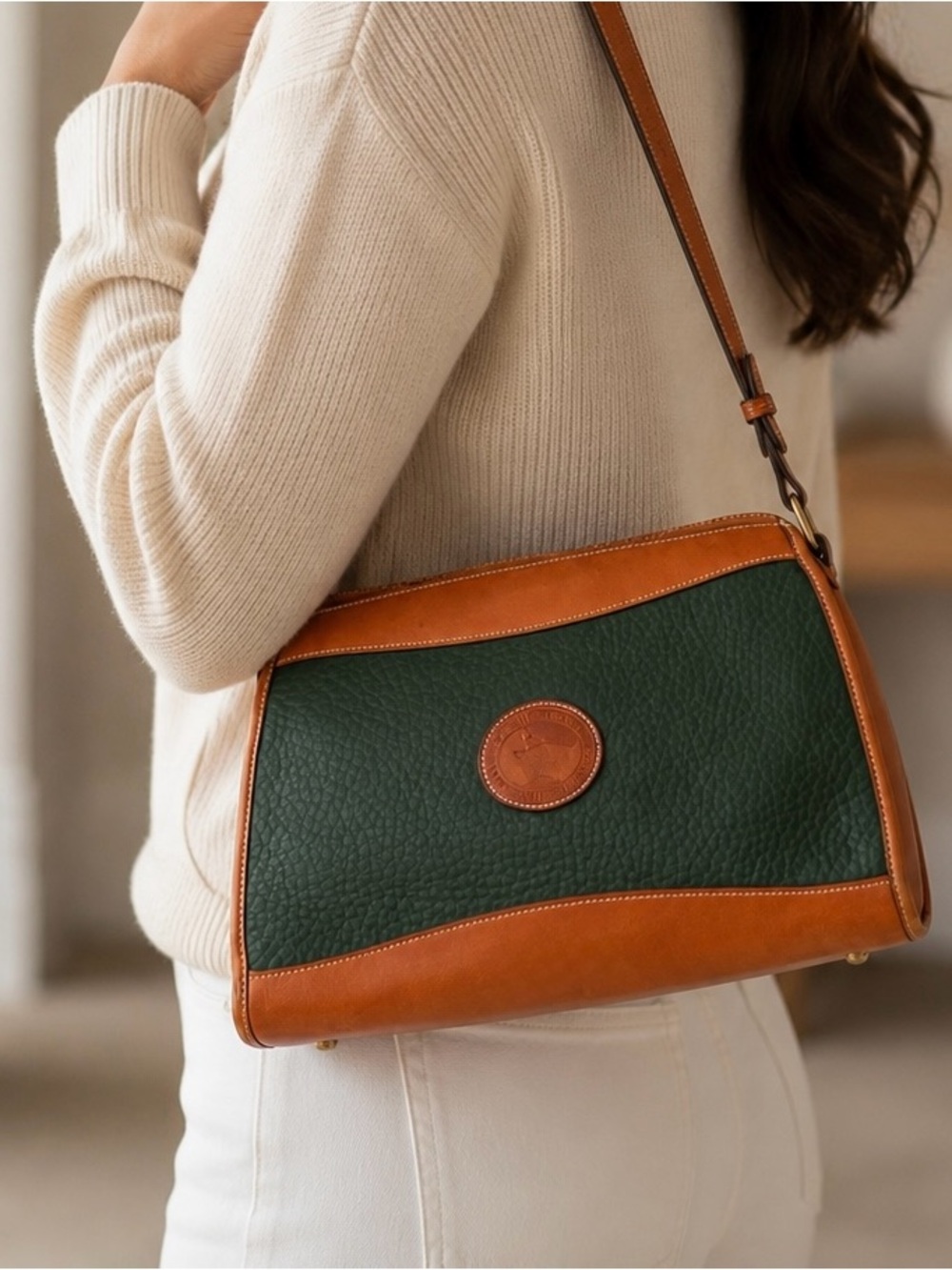 Vintage Dooney Bourke Crossbody All Weather Back Green/ British Tan Leather Bag